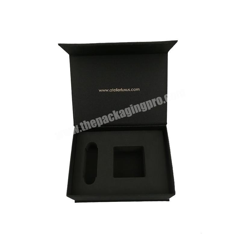 Biodegradable Cardboard Custom Black Texture Paper Gold Foil Stamping LOGO Beauty Gift Box for Cosmetic Perfume Bottle Packaging