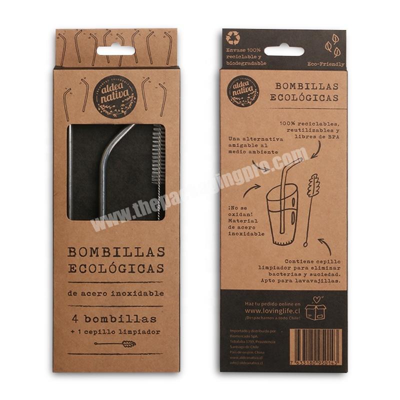biodegradable recycle brown kraft paper packaging box for stainless steel straws and cleaning brush