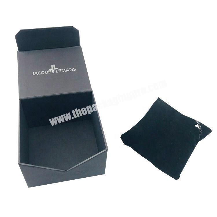 Black box white logo special open design without magnet cardboard packaging box with pillow