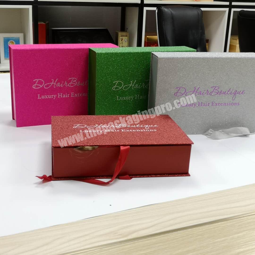 black cardboard hair bundle packaging box with ribbon