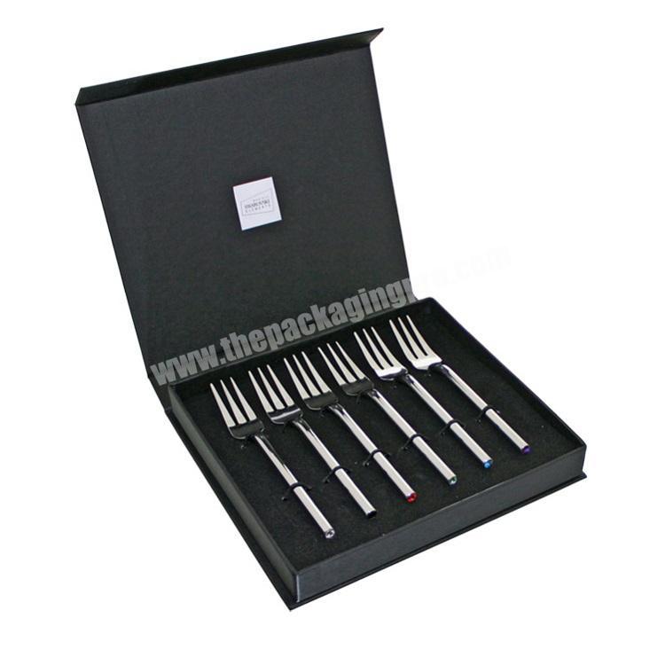 Black Color  Custom Logo Flap Top Magnetic Closure Rigid Cardboard Molded Insert Steel Flatware gift set Packaging