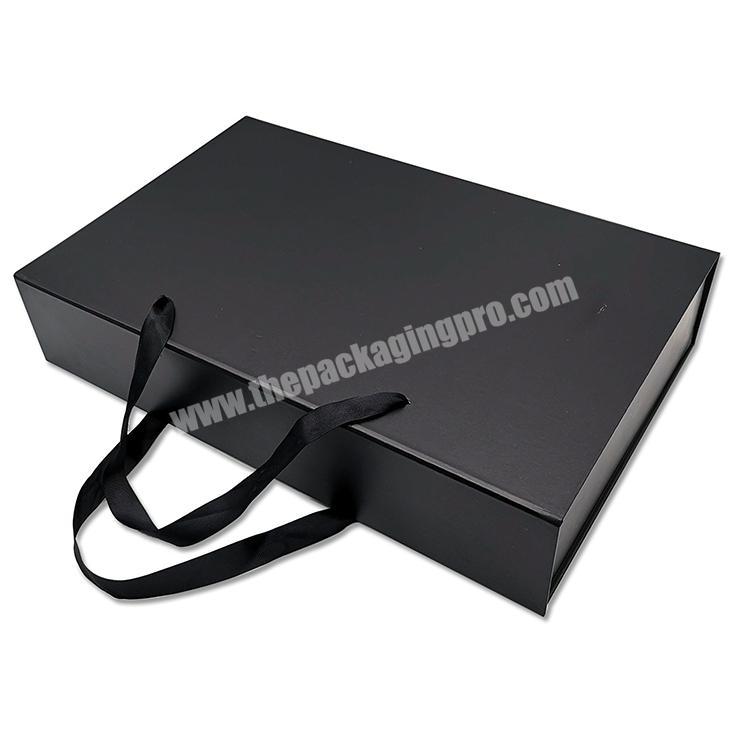 black folding gift box with magnetic closure foldable box with ribbon packaging clothing box