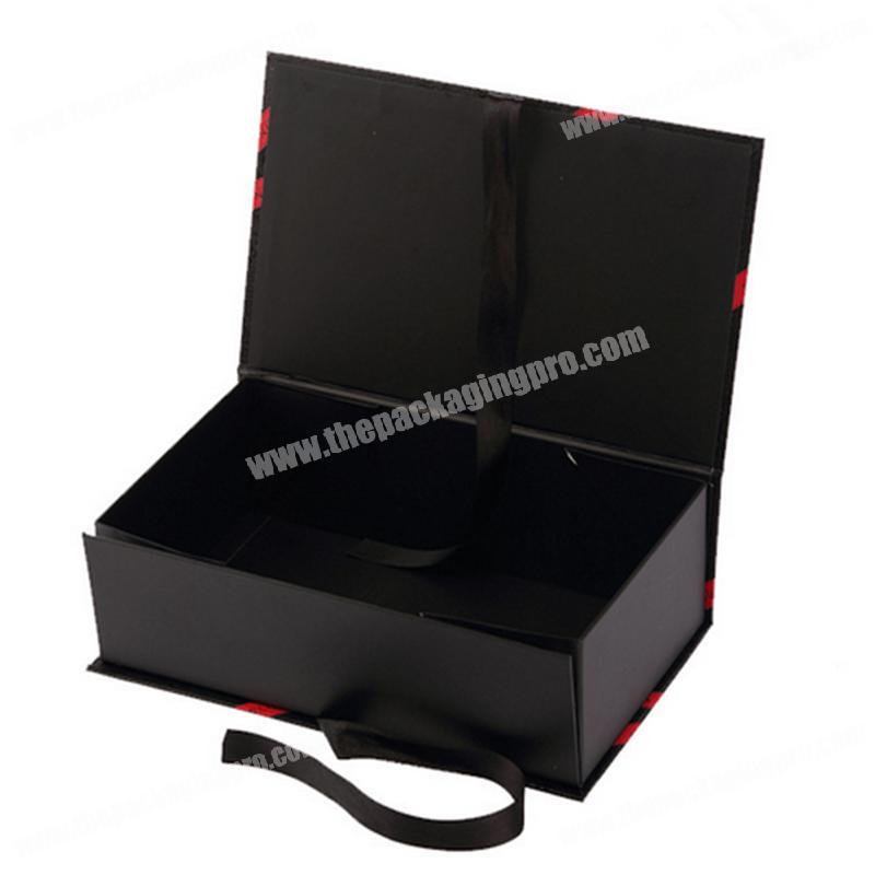 Black high end full color custom printing small MOQ China factory ribbon fancy magnetic gift folding packaging box