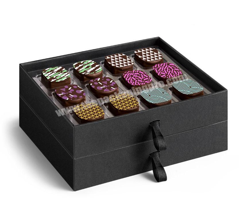 Black paper chocolate gift  packaging drawer boxes with plastic  tray
