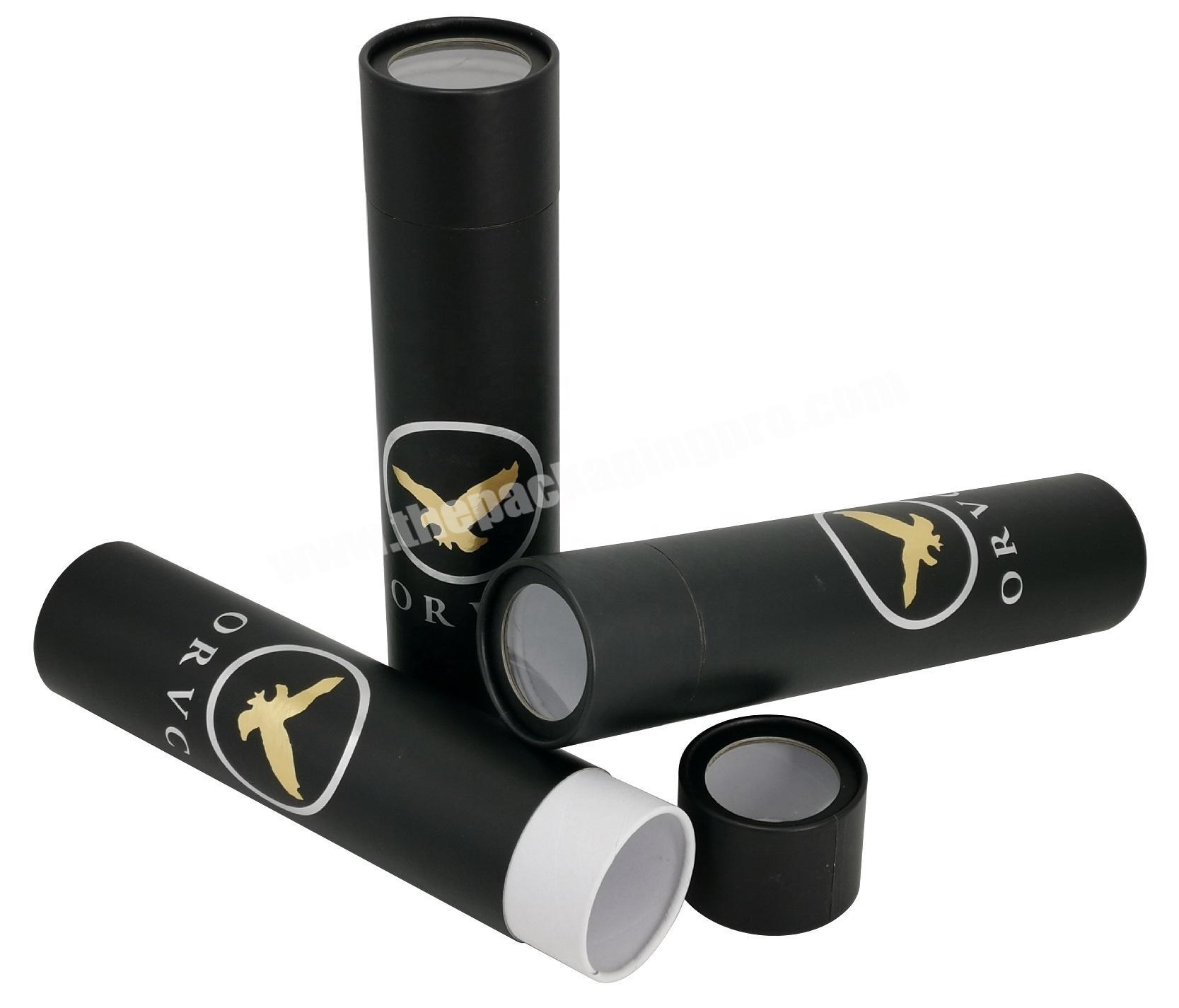 Black Paper Tube with Clear Top Window and Gold and Silver Hot Stamping Logo for Wine Glass Packaging