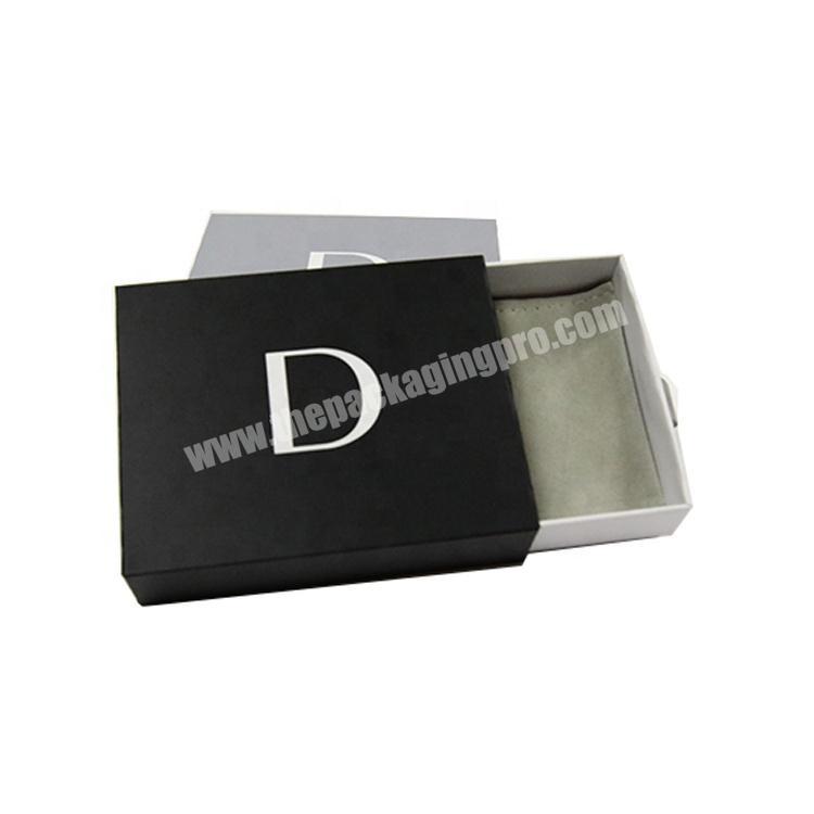 black small rigid gift box drawer box packaging with velvet pouch bag