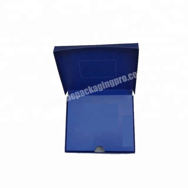 blue paperboard badge three side hinged tri-fold clamshell gift box