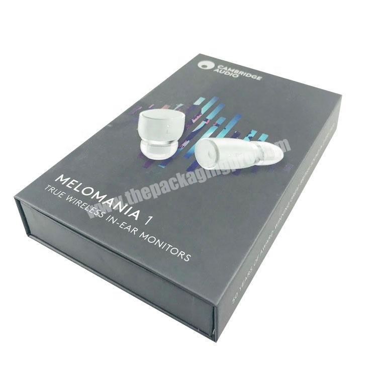 book shape magnetic closure flip lid earphone packaging box with glossy UV area