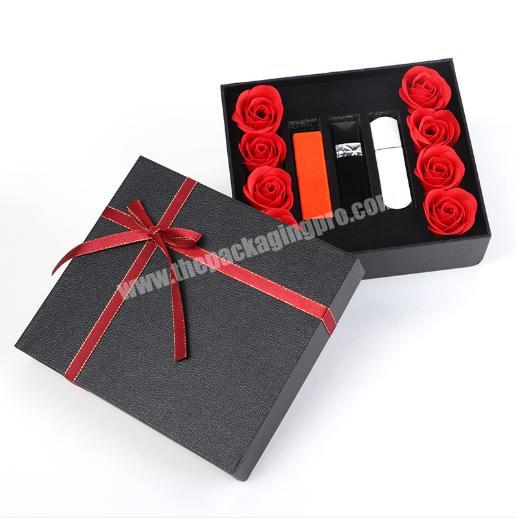 Brand New Recyclable Black Paper Packaging Gift Box with Red Ribbon Bow for Jewelry Flower Lipstick