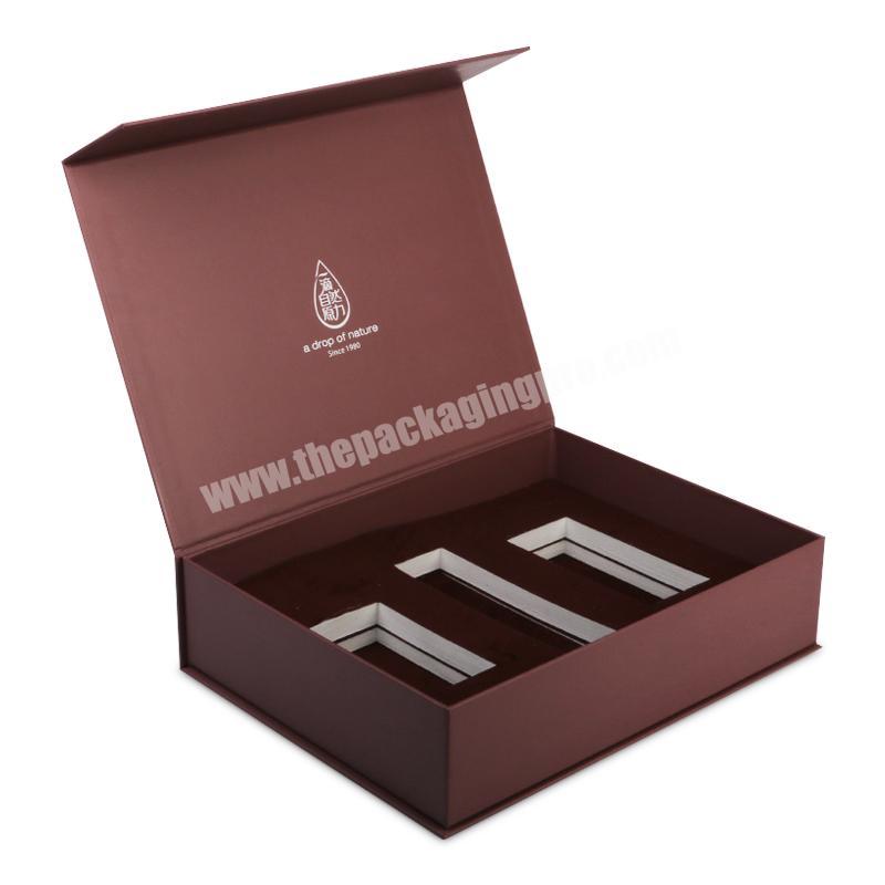 Brown Color Silver Hot Stamp Custom Magnet Closure Cardboard Gift Box For Cosmetic Set