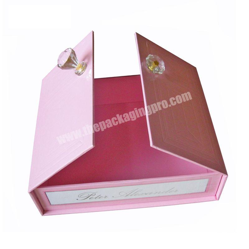 cardboard pink paper gift custom cosmetic packaging box with crystal handle