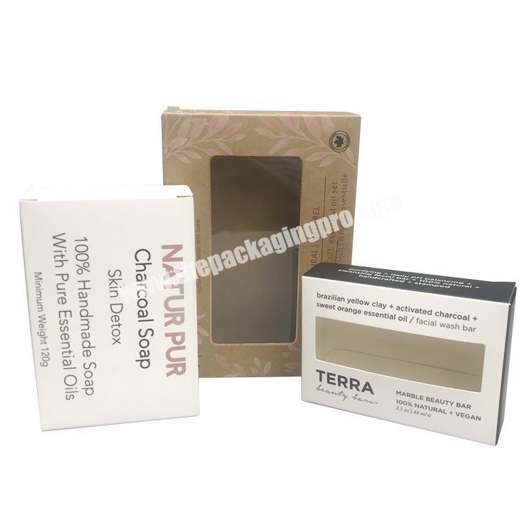 China custom logo printed eco friendly recyclable cardboard kraft paper packaging home made soap box with clear plastic window