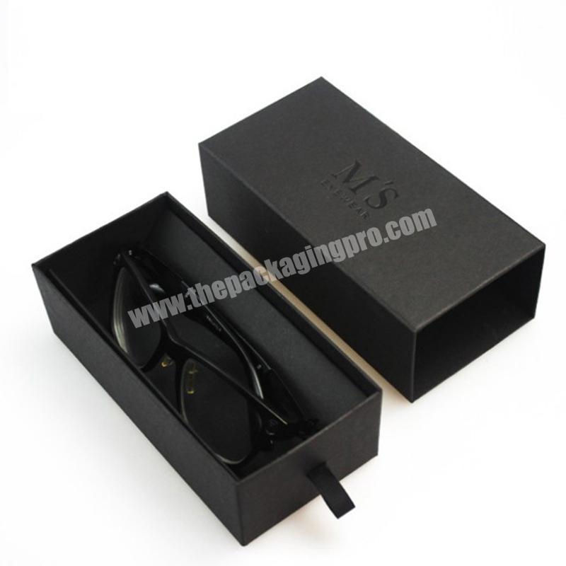 China Factory Black color printing glasses packaging gift box soft touch laminate pull out paper box