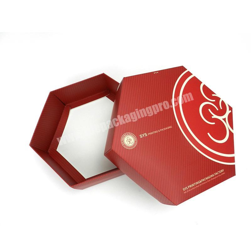 China Factory Red printed Hexagon cardboard box CMYK printing removeable lid coated paper box