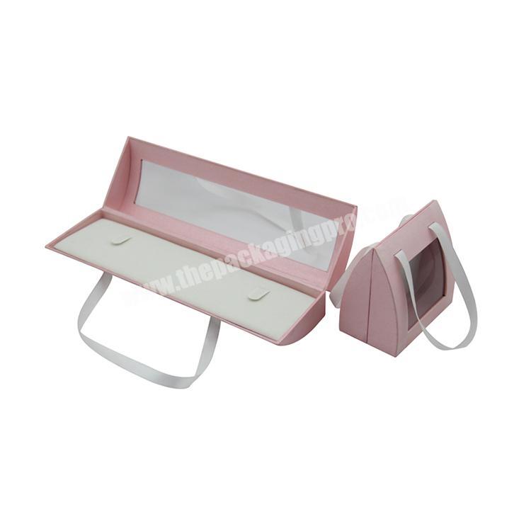 China high grade luxury pink window show jewelry box with lining fabric