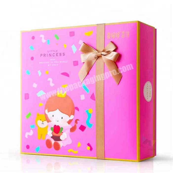 China Supplier Pink Color Paper Lid And Base Box With Gold Ribbon