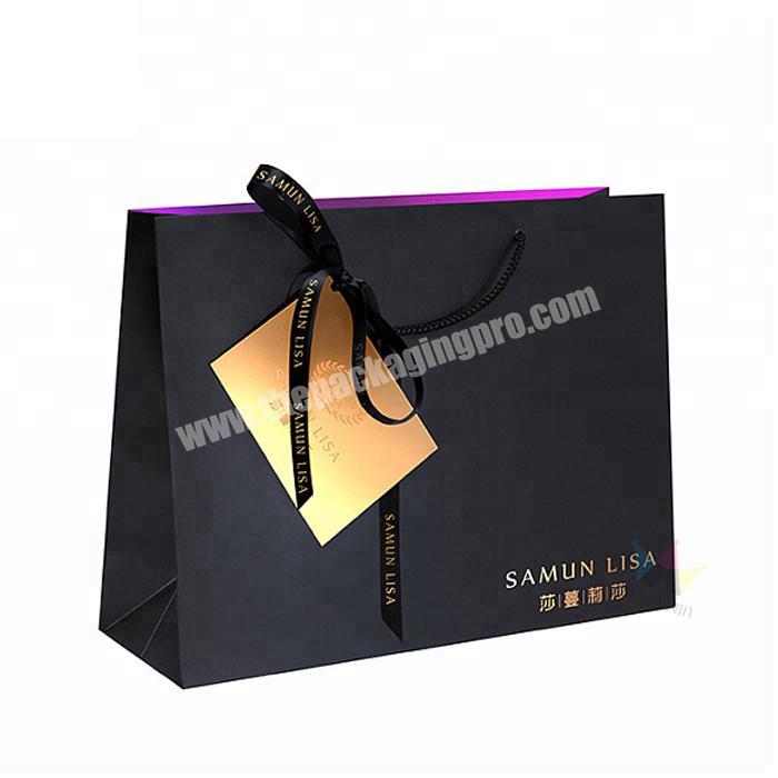 China Suppliers Customized Brand Gold Foil Logo Coated Paper Shopping Bags With Black String And Ribbon