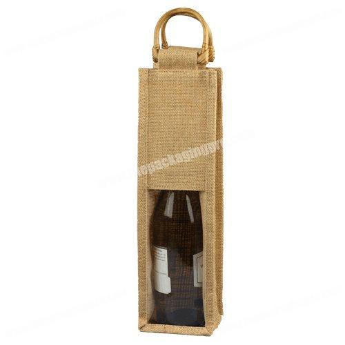 Clear window jute wine bag with wooden handle