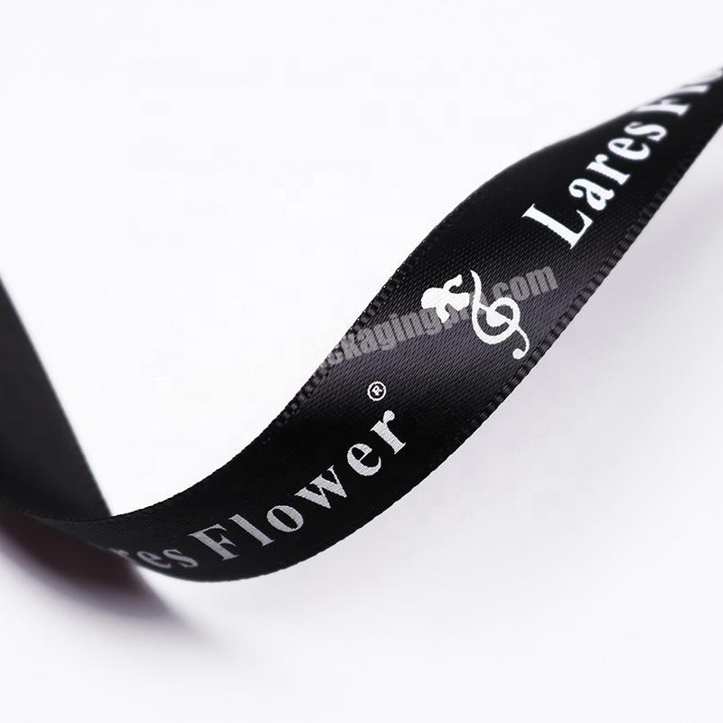Custom 1.5cm black printed ribbon 100% Polyester white logo Satin Ribbon For Decoration Flower satin ribbon
