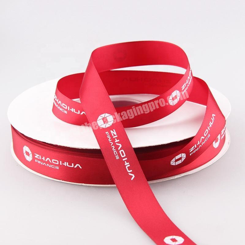 Custom 1Inch Red 100% Polyester Ribbon With White Company Logo Packing Double Sided Satin Ribbon