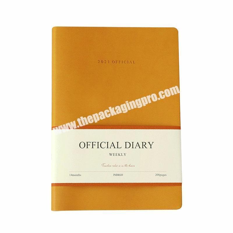 Custom A5 Luxury Real Leather PU Soft Cover Office Diary Notebook With Date Yellow Orange Blue Printed Weekly Monthly Planner