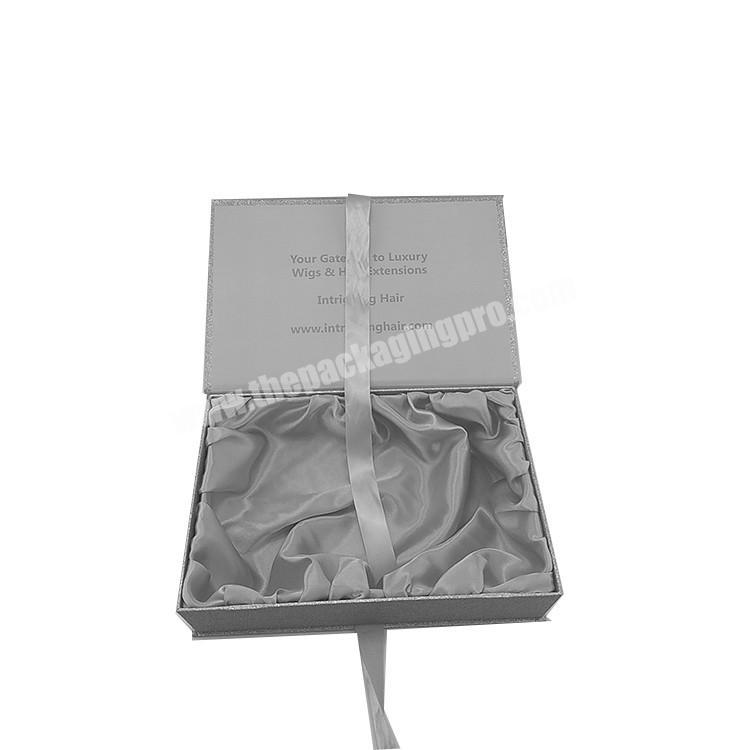 Custom best selling cardboard silver glitter wig hair bundle packaging box with silk ribbon
