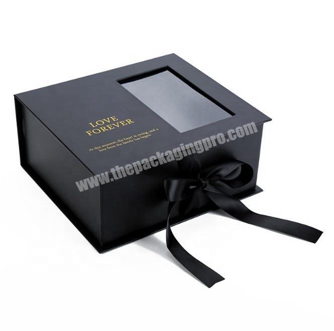 custom  black magnetic closure rigid flower gift box  with ribbon and pvc window