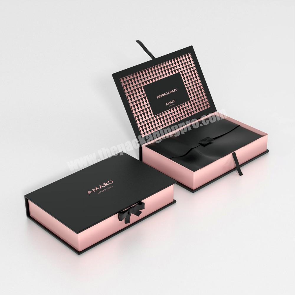 Custom black ribbon closure foldable packaging boxes for clothing