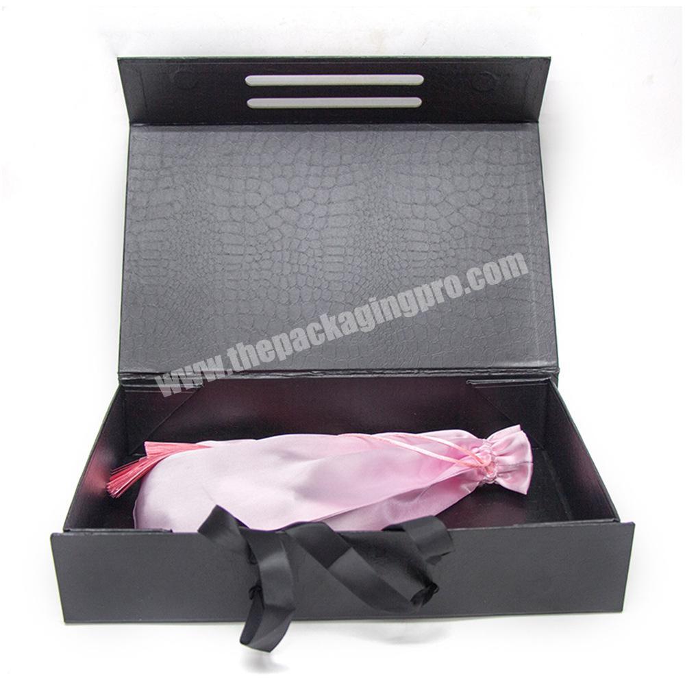 Custom collapsible hair extension packaging weave pack box with ribbon handle and satin bag