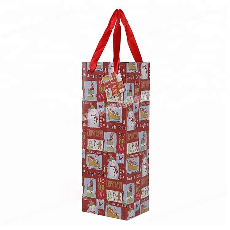 Custom colorful Luxury Gift paper Packaging Wine Bottle Bag with ribbon handle