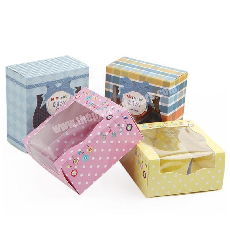 Custom colorful printed coated paper product packaging baby shoe box with PVC window