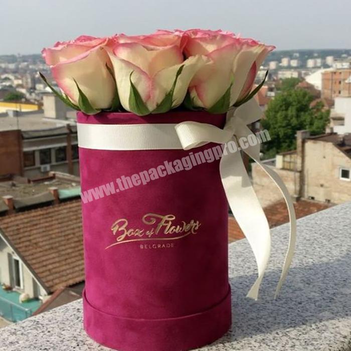Custom Colorful Round Cardboard Everlasting Flower Box Rose Gold Valentin's Day Flower Tube Suede Hat Velvet Box