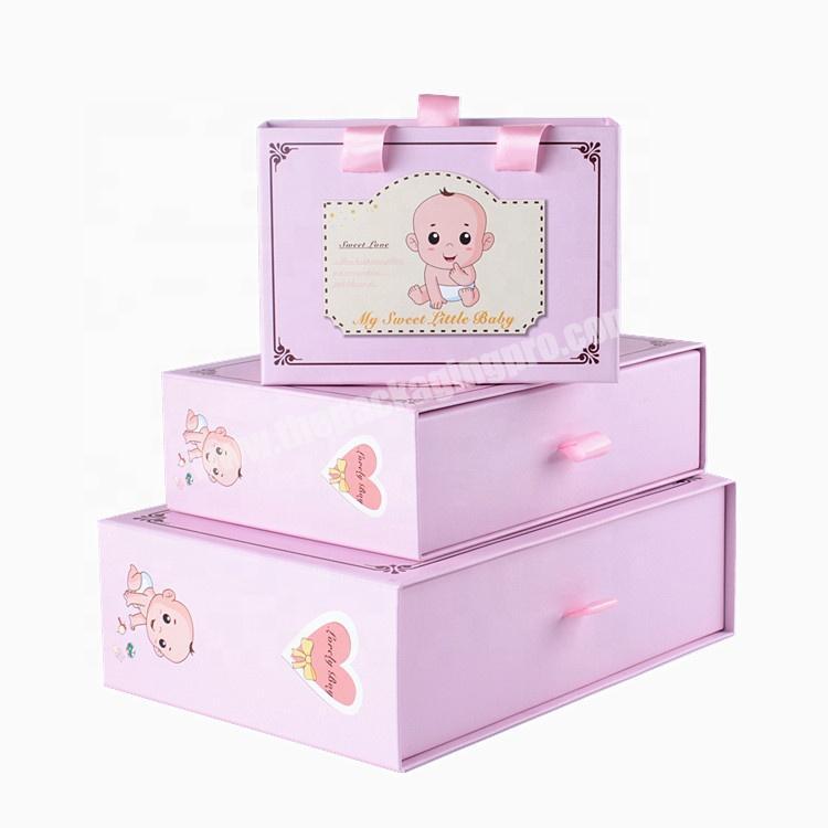 Custom Colors Printing Hard Cardboard Drawer Sliding Baby Shower Favor Box With Ribbon Handles