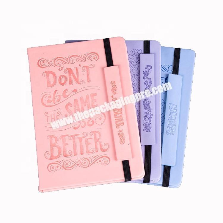 Custom Design Fancy Cute Pink Violet Blue Hardcover Traveler Diary With Elastic Band Lined Student Journal PU Leather Notebook