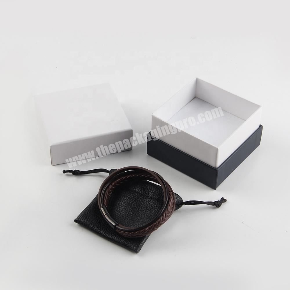 custom eco friendly small white and black paper jewelry packaging box for girls with leather drawstring bag