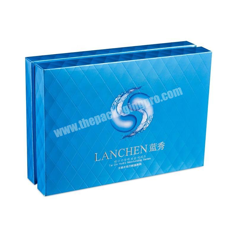 custom embossed blue paper cardboard cosmetic makeup beauty skincare set packaging box