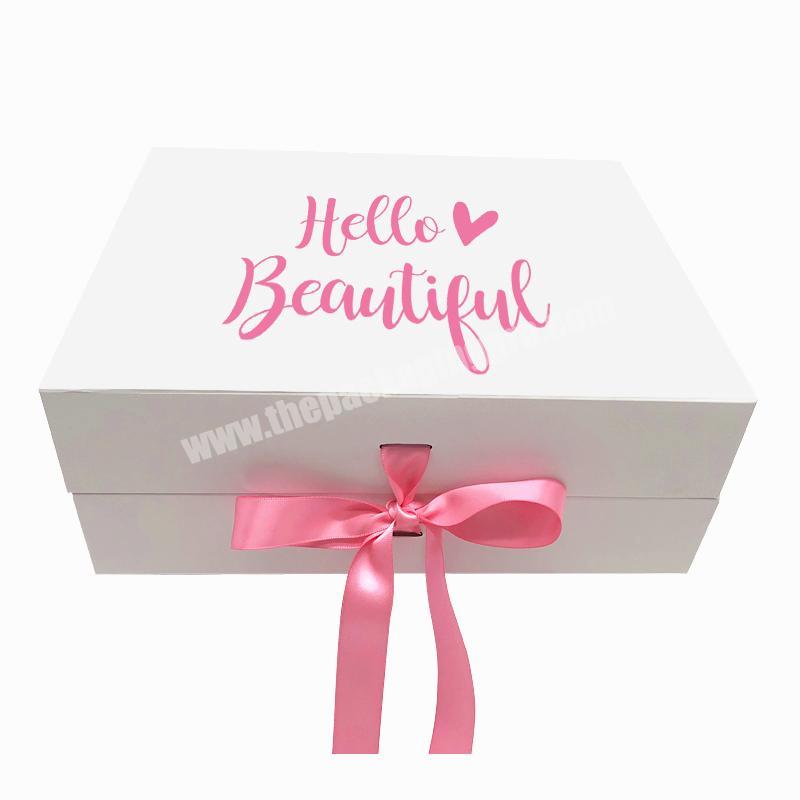 Custom Gift packaging Foldable magnetic gift box with ribbon closure Hair Extension Cardboard Gift Box with Satin Wigs white