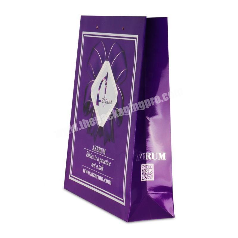 Custom handle gloss lamin purple cosmetic skin care product paper bag for make up