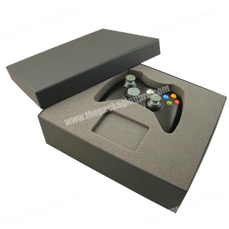 Custom hard recycle gift packaging manufacturers small black cardboard lid and base USB Game handle  box with foam