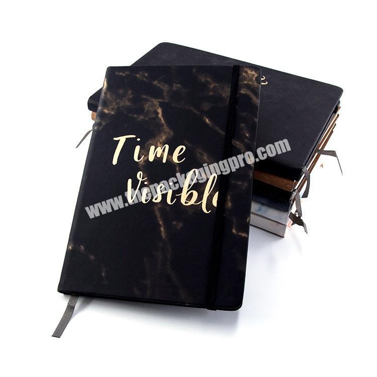 Custom HardCover Stone Paper Marble Executive Notebook Hot Sale Black Marble PU Leather Travel Diary Notebooks With Elastic Band