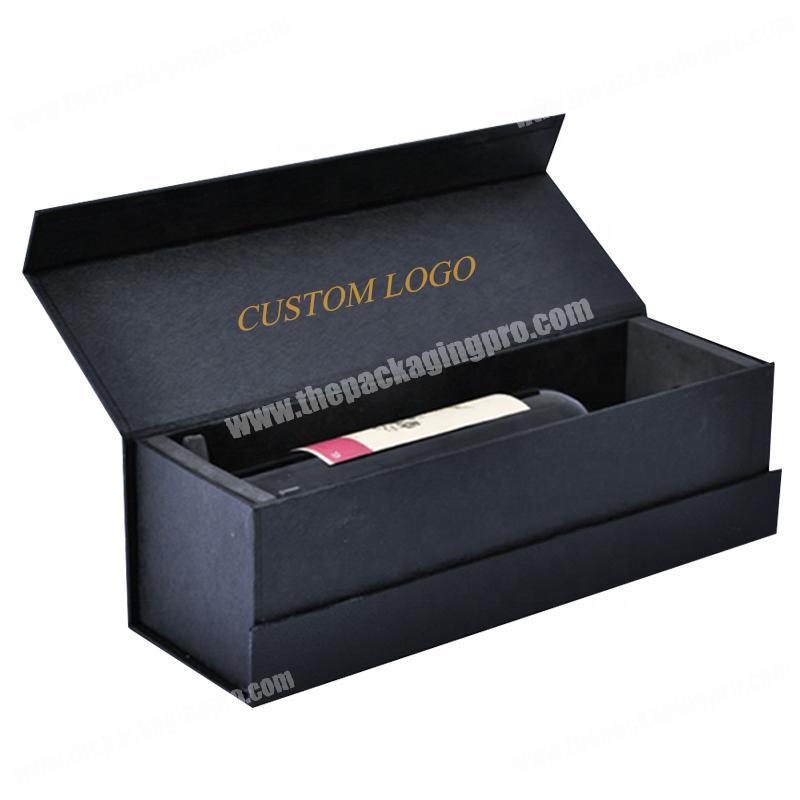 Custom High Grade Hardcover Gold Stamp Logo Black Rigid Gift Wine Packaging Box with Foam