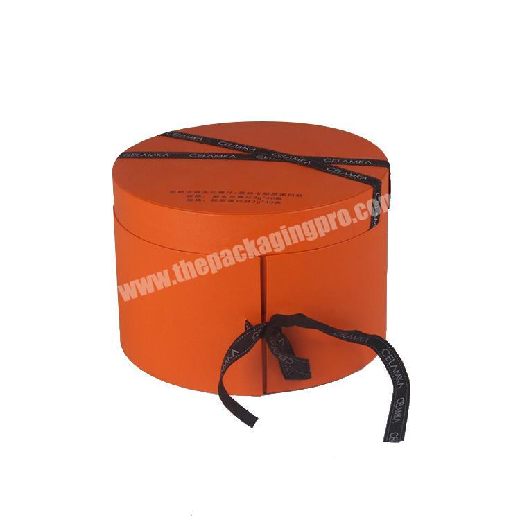 Custom high quality double layer orange cardboard paper round box with ribbon
