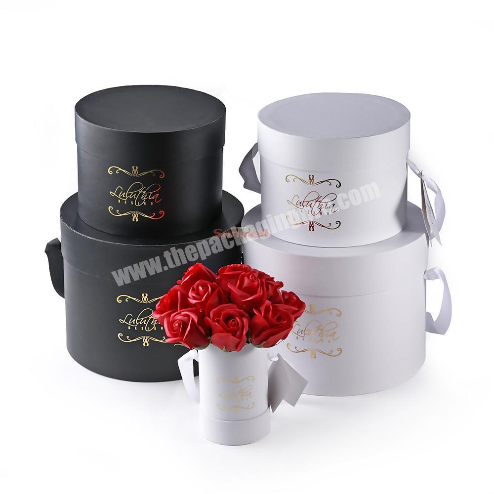 custom high quality luxury floral preserved rose packing empty round cardboard paper flower box with gold logo