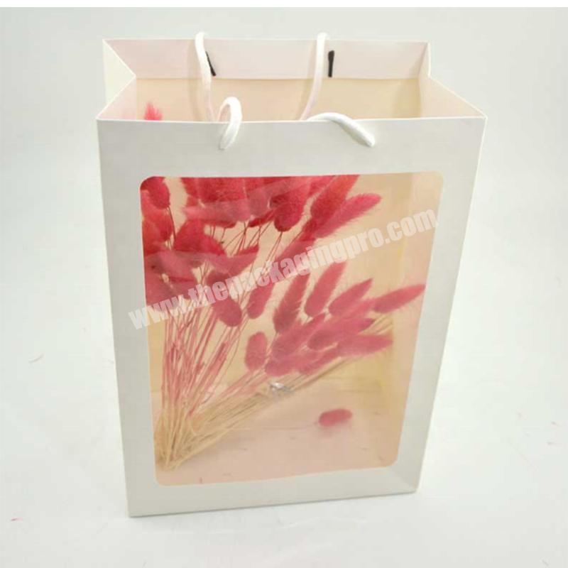 Custom High Quality Luxury Stand Up Art Paper Flower Gift Bag Dolls Display Paper Packaging Bags With Clear Window
