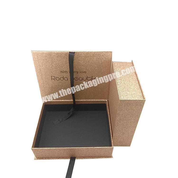 Custom high quality rigid cardboard glitter packaging printing logo luxury wig box packaging with silk ribbon