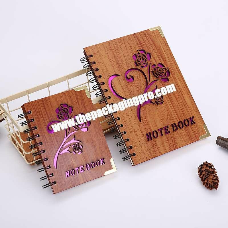 Custom High Quality Wood Wooden Cover Notebook Diary With Logo Engraved Laser Hollow Out Bamboo Note Book With Gold Foil