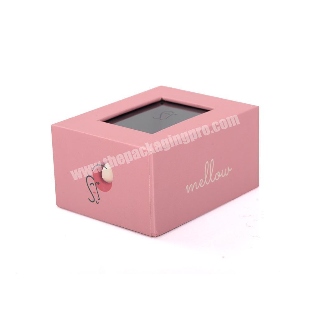 Custom lid off silver fancy paper pink ring box jewelry packaging box with pvc window