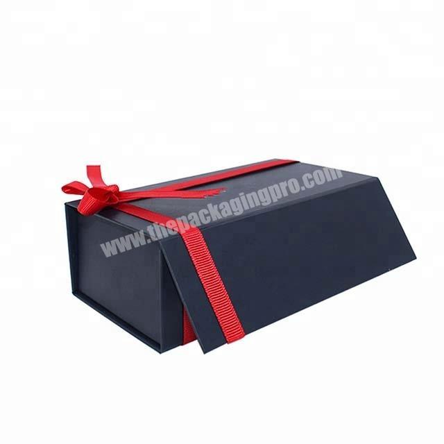 custom logo black paperboard hamper collapsible foldable packaging magnetic gift box with red ribbon bow decoration on lid