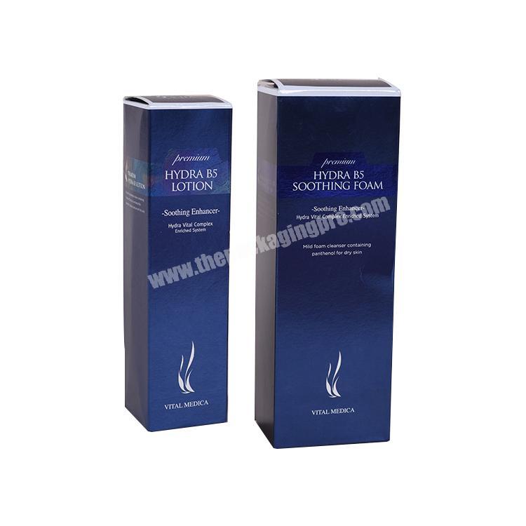 Custom logo blue ink white card paper packing boxes , skin care set box lotion packaging with UV Varnish