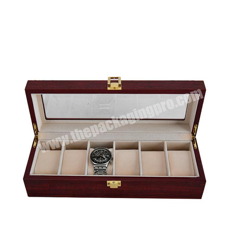 Custom Logo Glass Top 6 Slots High Printed Wooden Watch Case Gift Box in stock